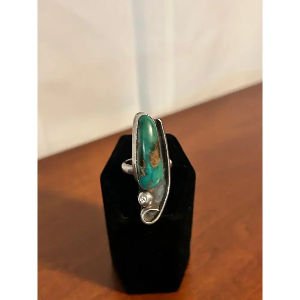 Vintage S W Southwestern Real Turquoise Ring Size 5.75 Silver Tone Bezel Set